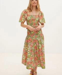 Oliver Bonas Green Bloom Floral Print Midi Skirt