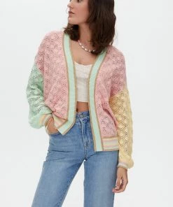 Oliver Bonas Pink Pointelle Colourblock Cardigan
