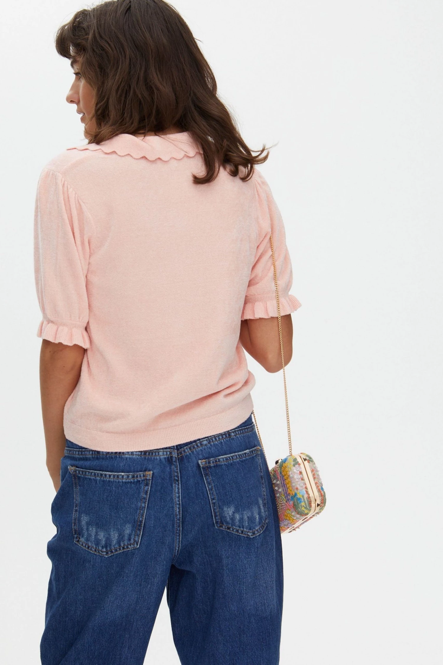 Oliver Bonas Pink Towelling Collared Knitted Top - Image 2