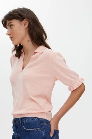 Oliver Bonas Pink Towelling Collared Knitted Top - Image 8