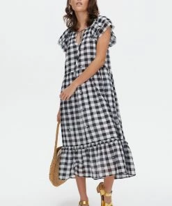 Oliver Bonas Black Embroidered Gingham Frill Midi Dress