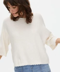 Oliver Bonas White Boxy Picot Stitch Neutral Knitted Top