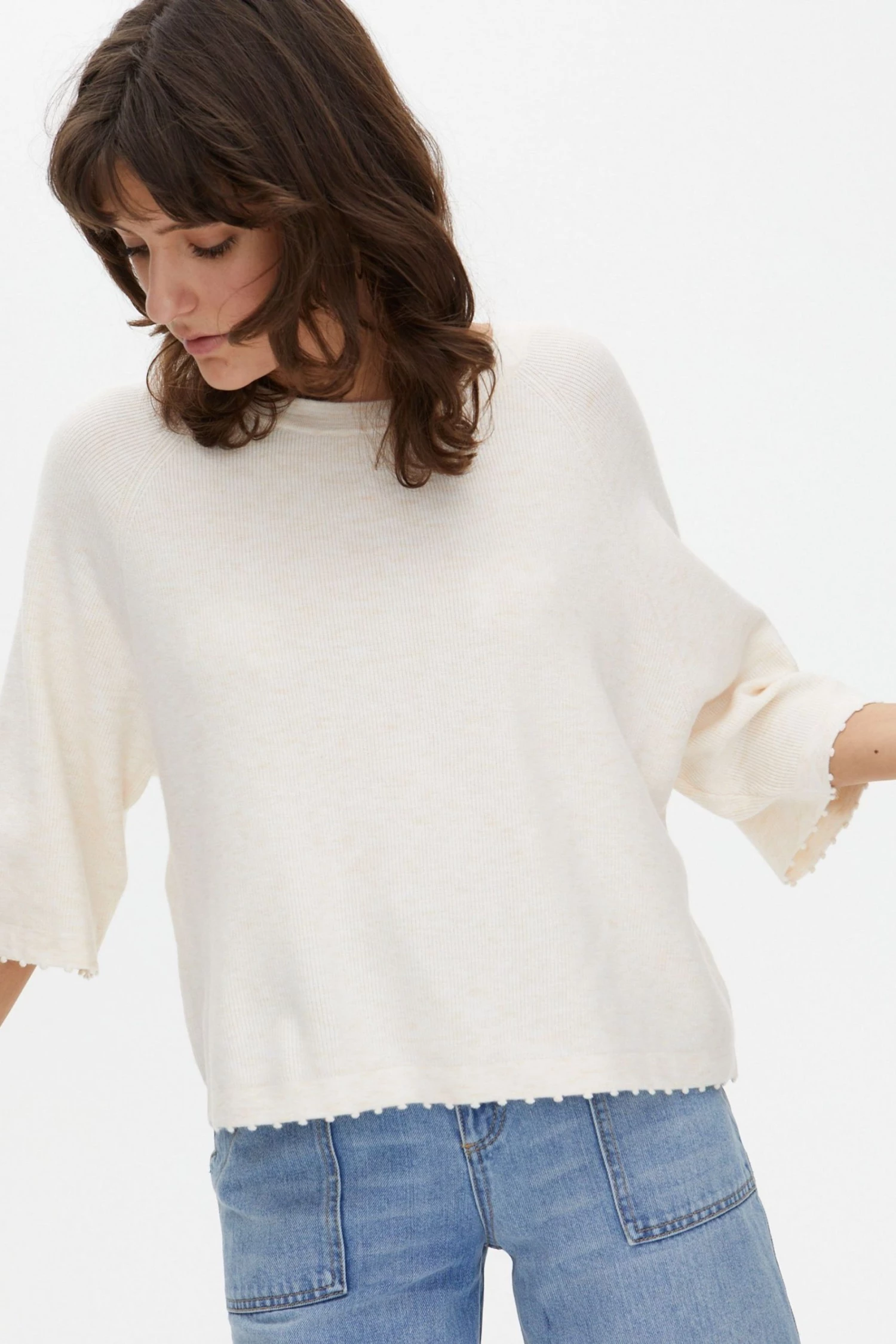 Oliver Bonas White Boxy Picot Stitch Neutral Knitted Top