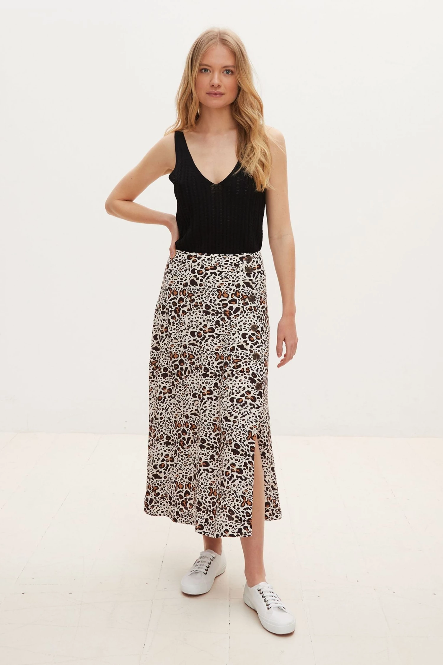 Oliver Bonas Painted Brown Print Midi Skirt