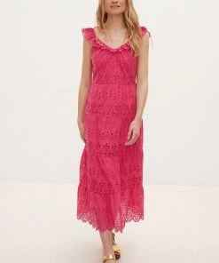 Oliver Bonas Pink Broderie Strappy Midaxi Dress