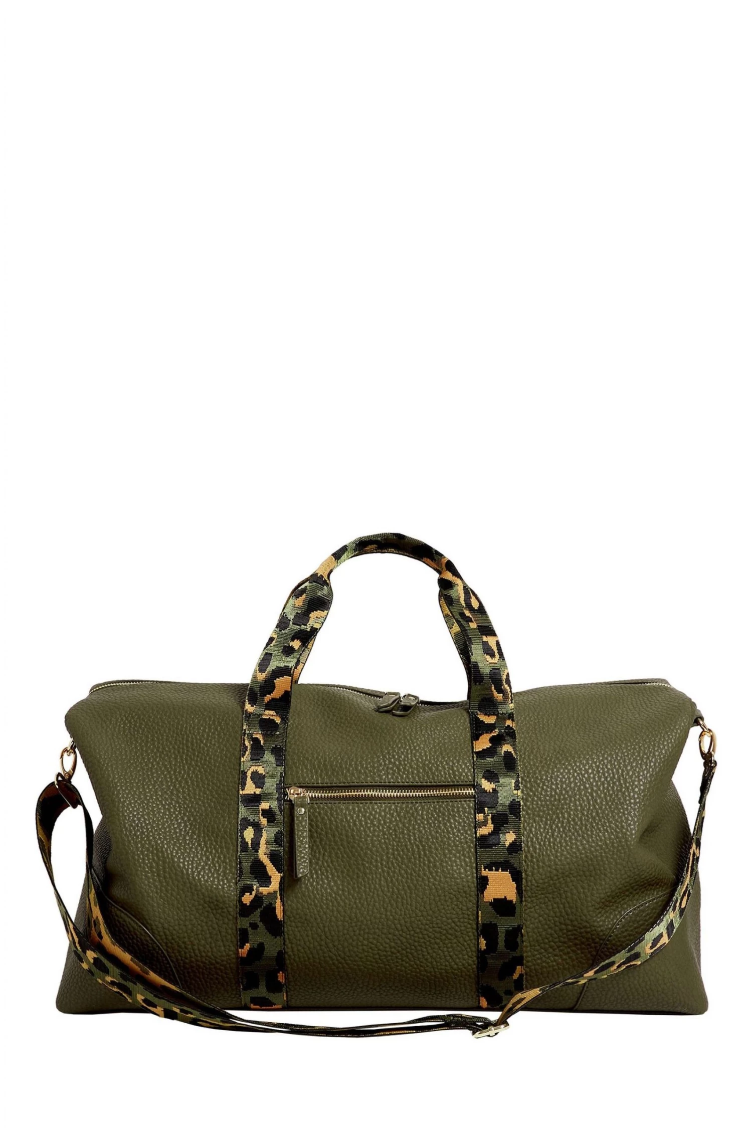 Oliver Bonas Hattie Natural Leopard Strap Green Rectangular Weekend Bag
