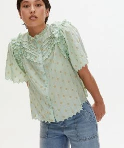 Oliver Bonas Green Foil Polka Dot Print Frill Blouse