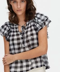 Oliver Bonas Black Embroidered Gingham Frill Blouse