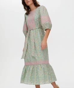 Oliver Bonas Green Embroidered Floral Print Midi Dress