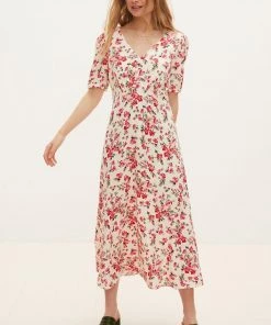Oliver Bonas White Rose Printed Midi Dress