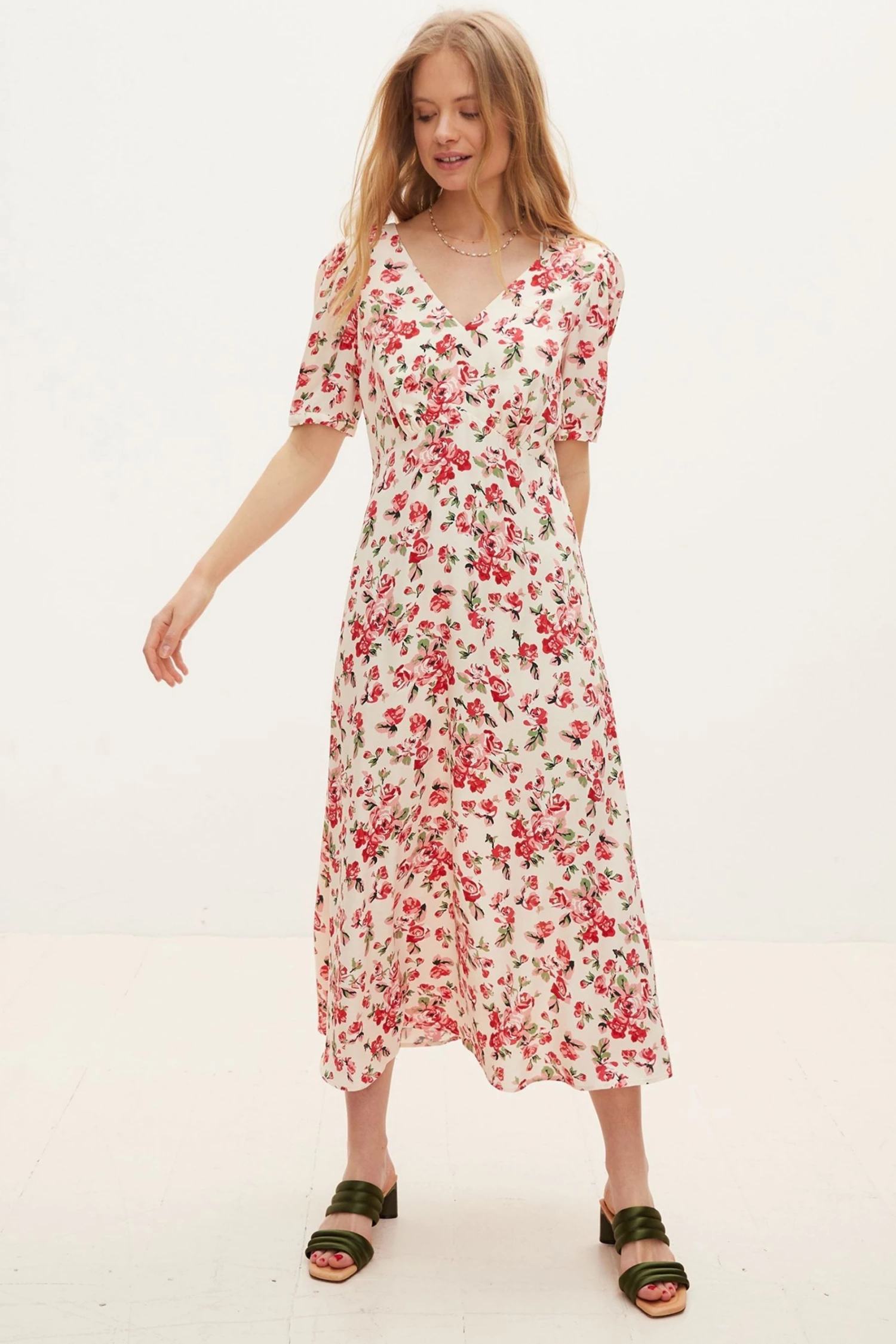 Oliver Bonas White Rose Printed Midi Dress