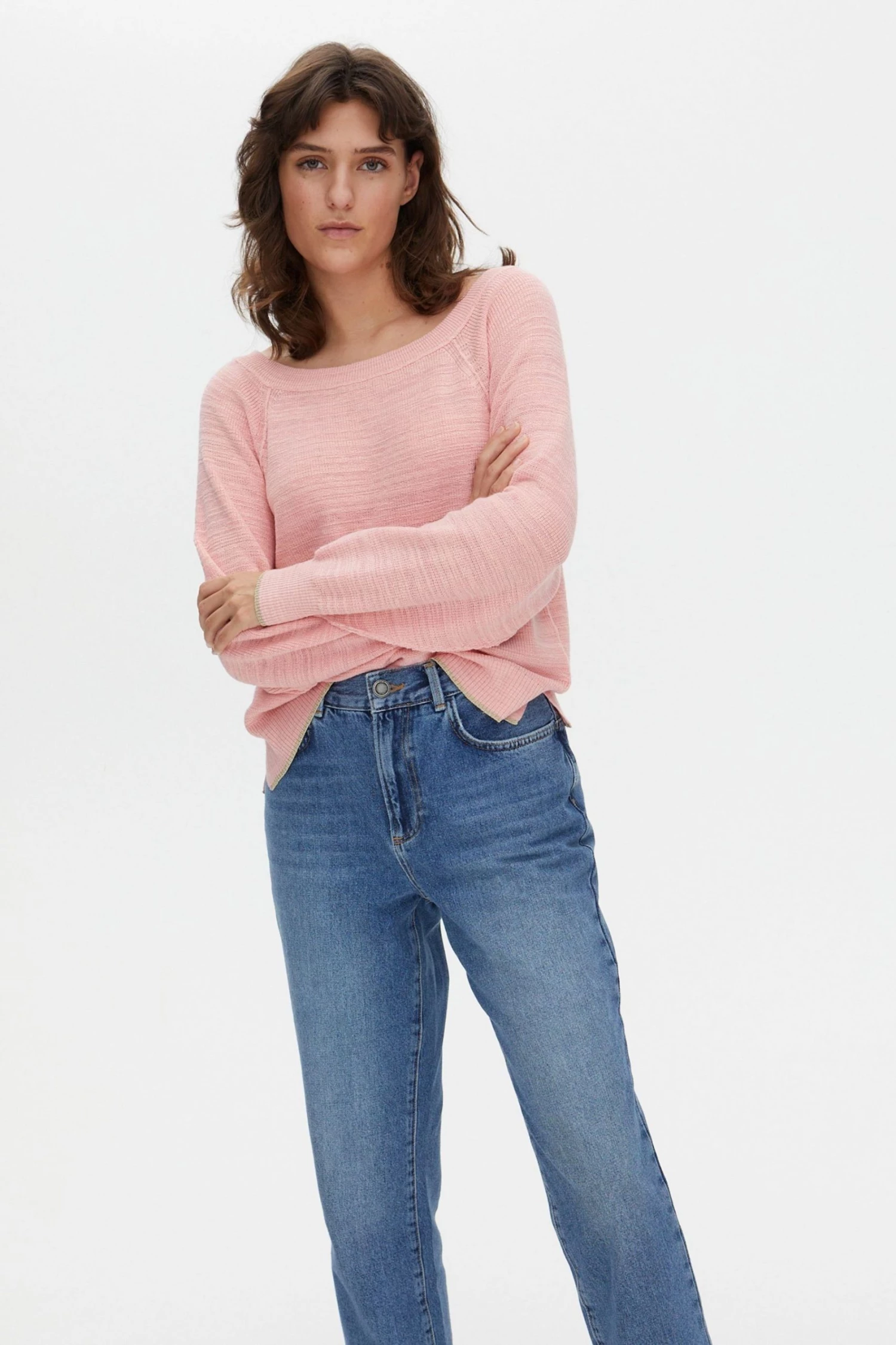 Oliver Bonas Pink Slub Linen Mix Relaxed Neutral Pink Jumper