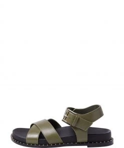 Oliver Bonas Green Crossover And Studded Trim Leather Sandals