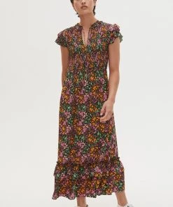 Oliver Bonas Black Floral Print Shirred Bodice Midi Dress