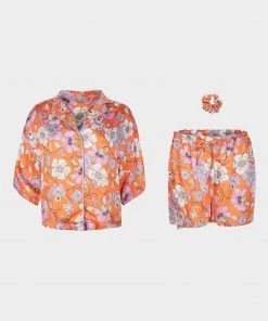 Oliver Bonas Orange Razzle Dazzle Floral Boxy Shirt, Shorts And Scrunchie Pyjamas Set