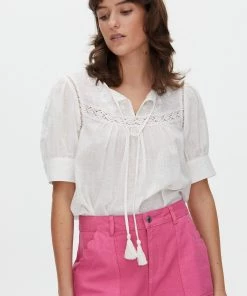 Oliver Bonas White Tassel Tie Embroidered Blouse