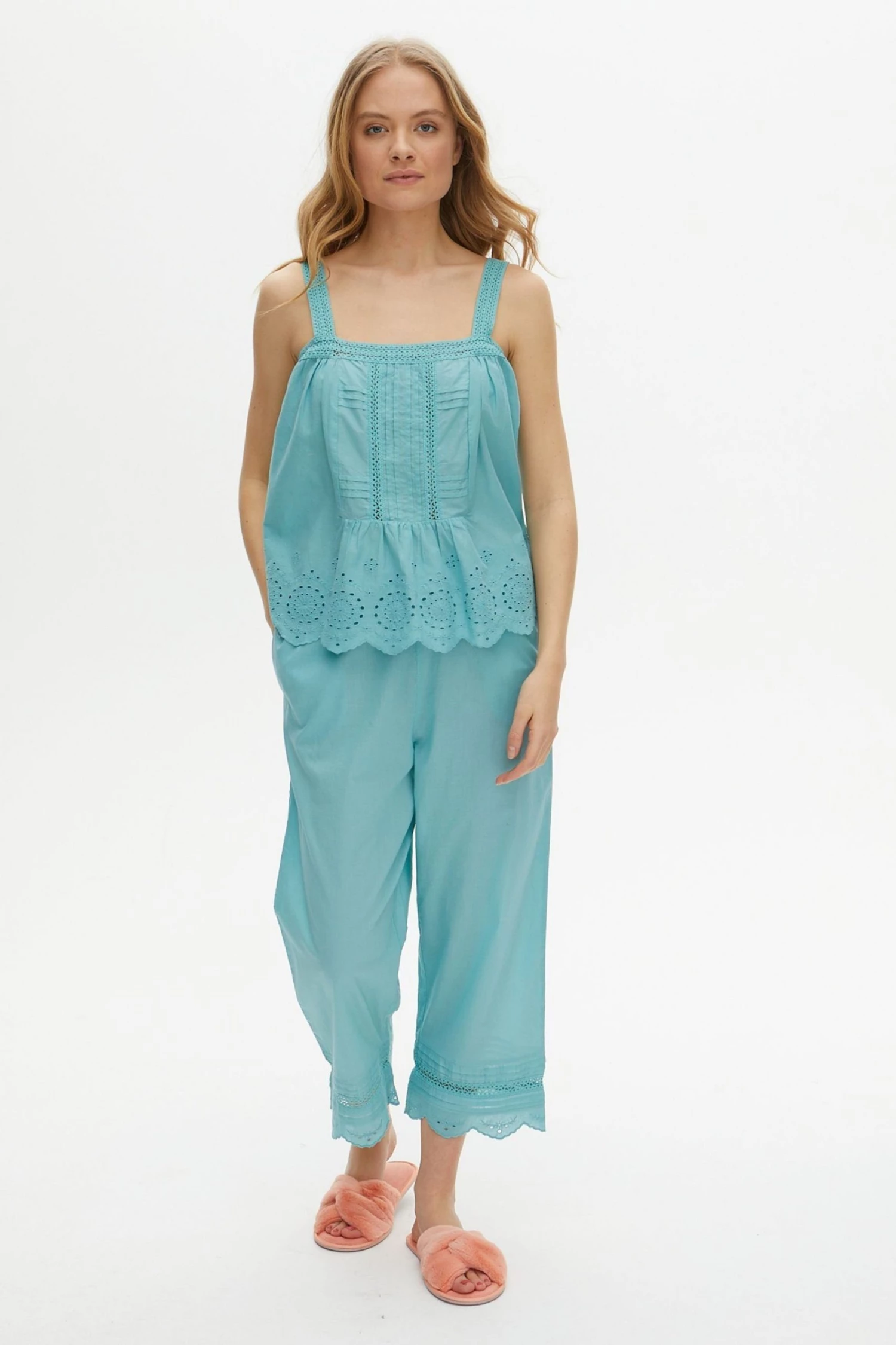 Oliver Bonas Blue Pintuck Broderie Vest & Trousers Pyjama Set