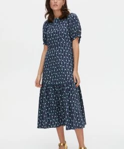 Oliver Bonas Navy Blue Ditsy Stripe Floral Print Midi Dress