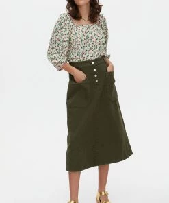 Oliver Bonas Khaki Green Twill Midi Skirt