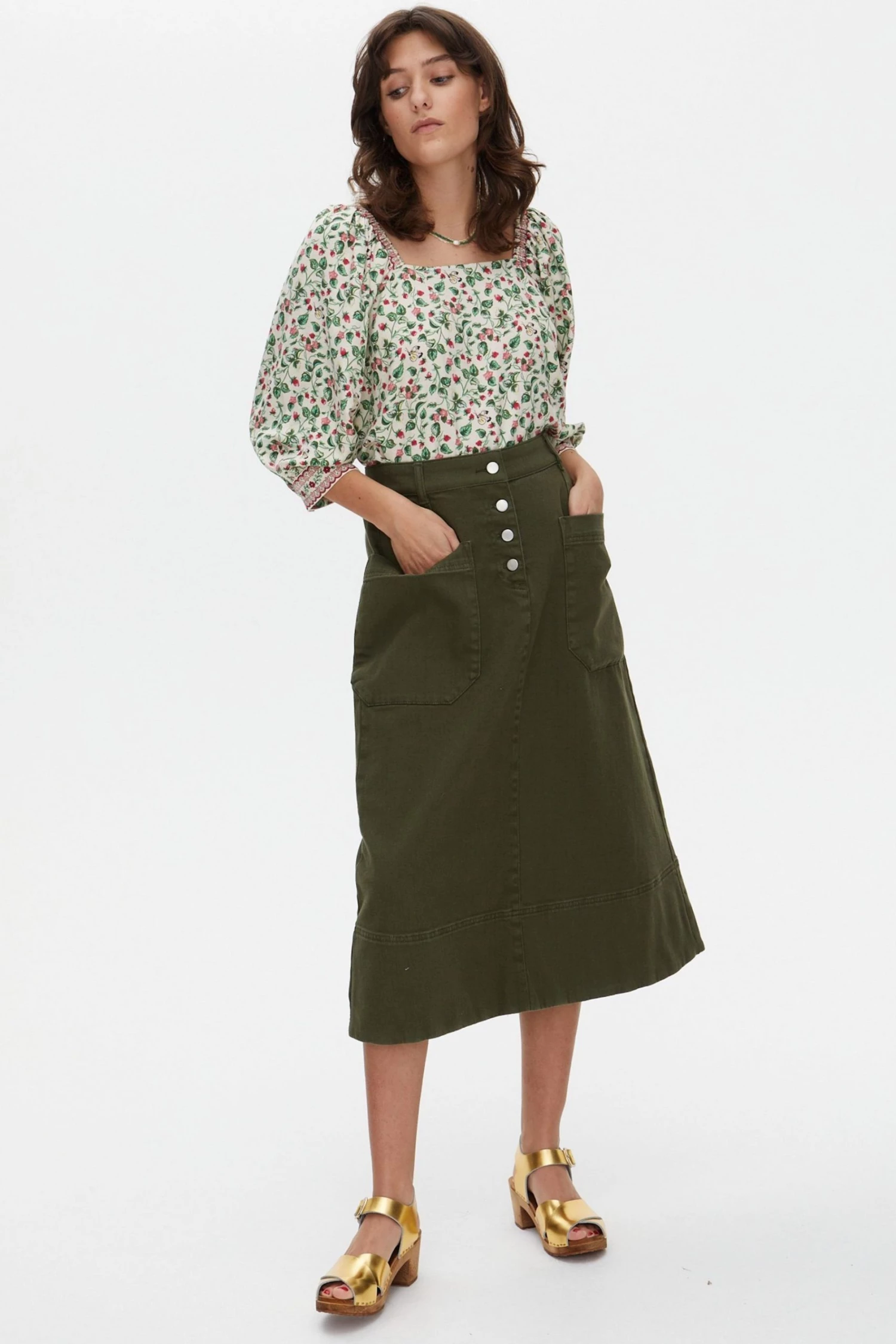 Oliver Bonas Khaki Green Twill Midi Skirt