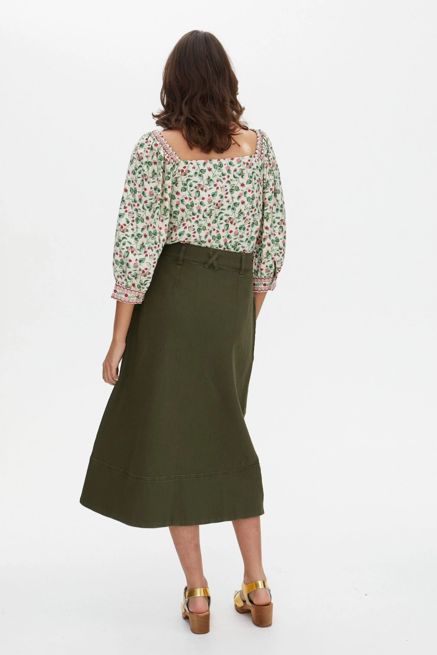 Oliver Bonas Khaki Green Twill Midi Skirt - Image 2