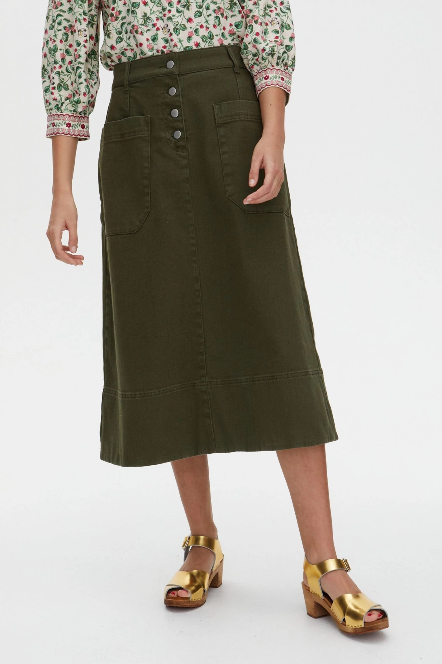 Oliver Bonas Khaki Green Twill Midi Skirt - Image 3