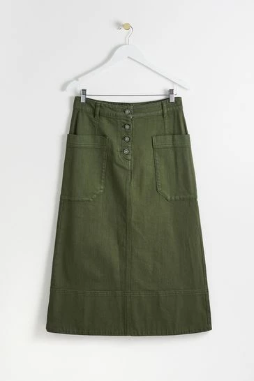 Oliver Bonas Khaki Green Twill Midi Skirt - Image 10