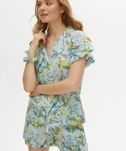 Oliver Bonas Blue Budgie Print Shorts And Shirt Pyjama Set