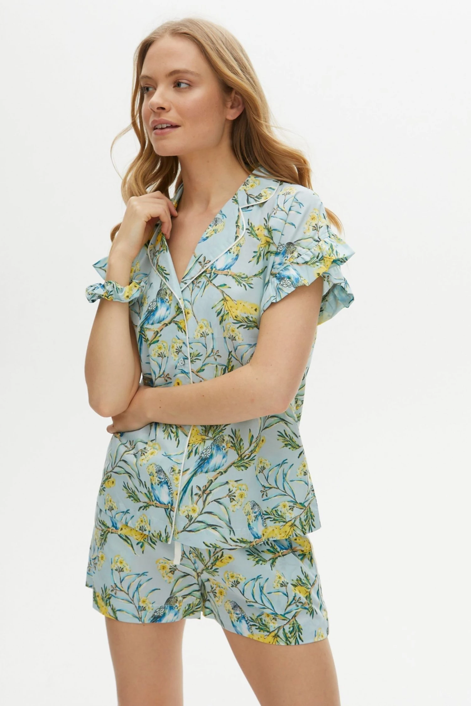 Oliver Bonas Blue Budgie Print Shorts And Shirt Pyjama Set