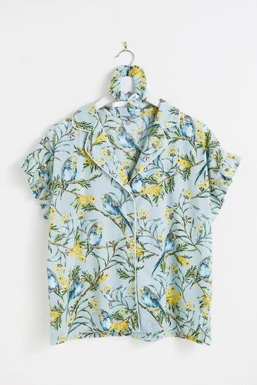 Oliver Bonas Blue Budgie Print Shorts And Shirt Pyjama Set - Image 9