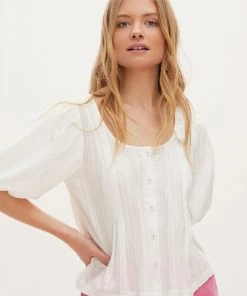 Oliver Bonas White Puff Sleeve Button Through Cotton Blouse