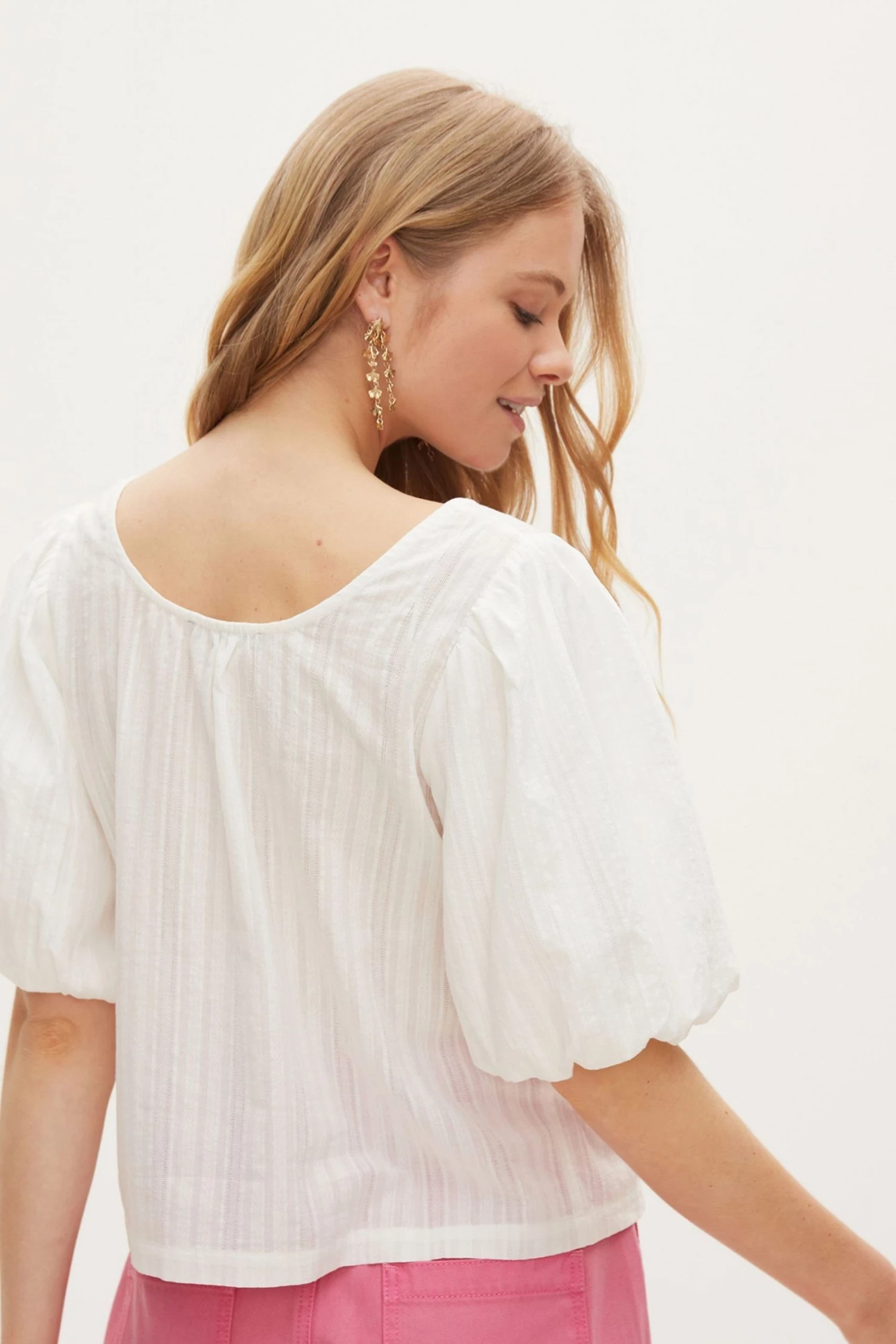 Oliver Bonas White Puff Sleeve Button Through Cotton Blouse - Image 3