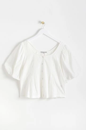 Oliver Bonas White Puff Sleeve Button Through Cotton Blouse - Image 8
