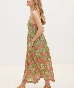 Oliver Bonas Green Fuzzy Floral Print Strappy Midi Dress