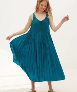 Oliver Bonas Blue Crushed Strappy Plisse Maxi Dress