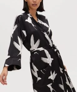 Oliver Bonas Black Sleepy Swallow Print Robe Dressing Gown
